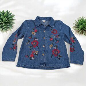 Christopher & Banks Bright Floral Button Up‎ Embroidered Jean Shirt Jacket Sz M